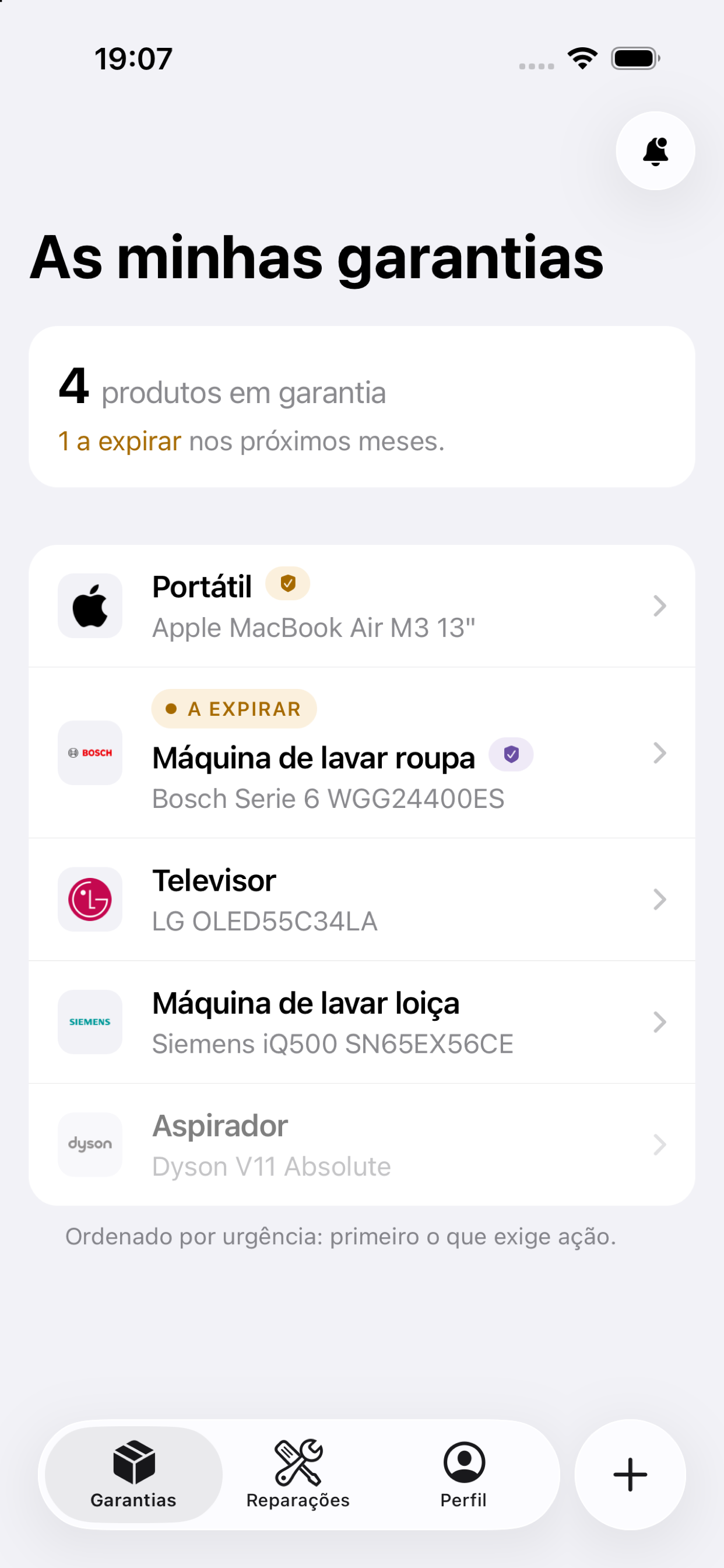 Ecrã inicial da app Garantias