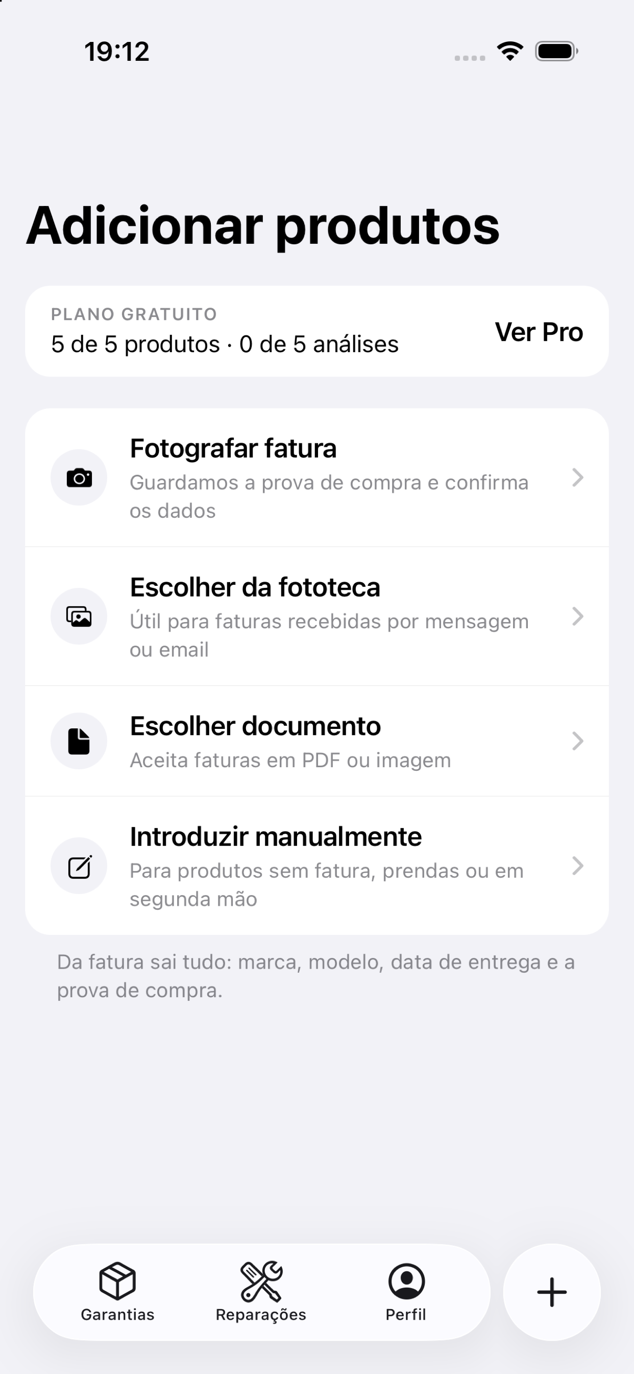 Opções para adicionar produtos a partir de uma fatura
