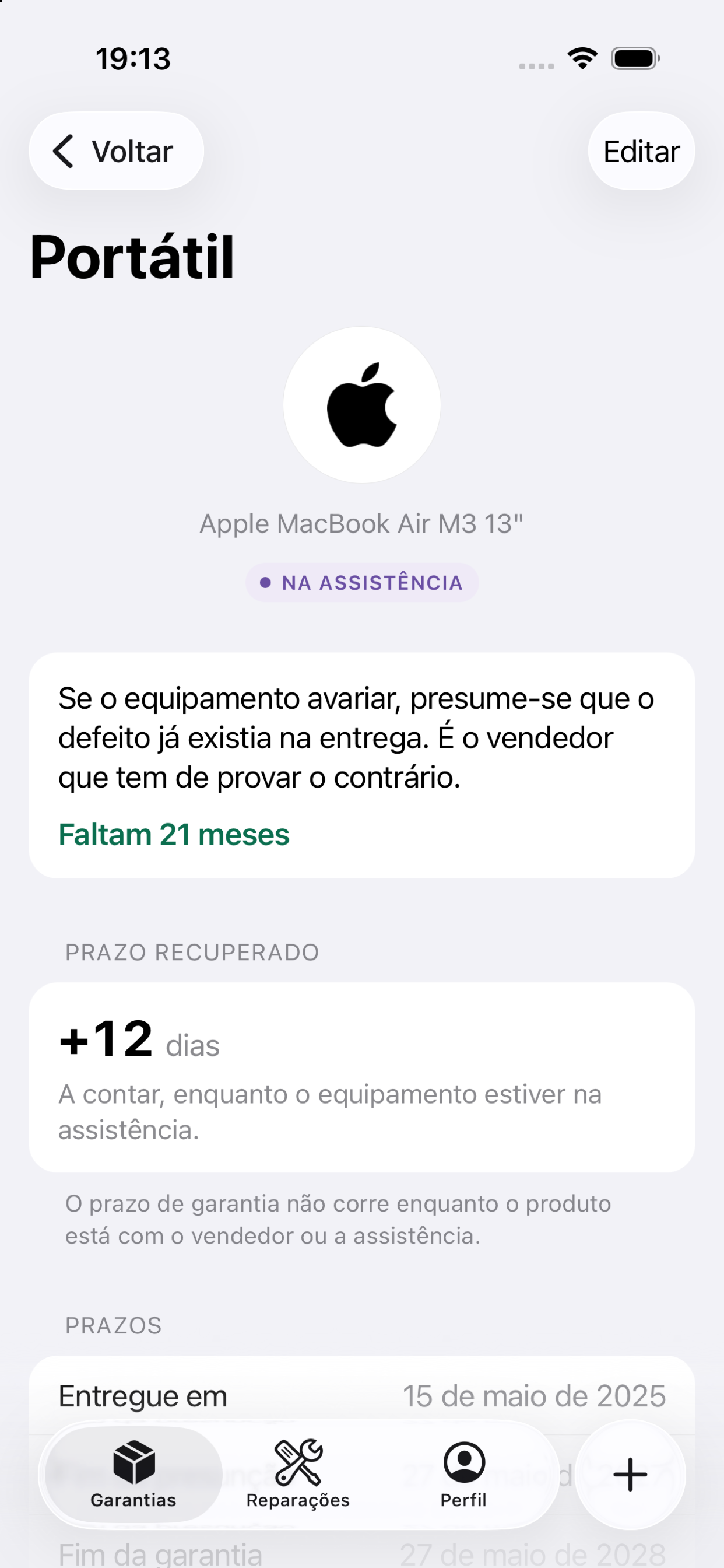 Detalhe de um produto com o prazo da garantia