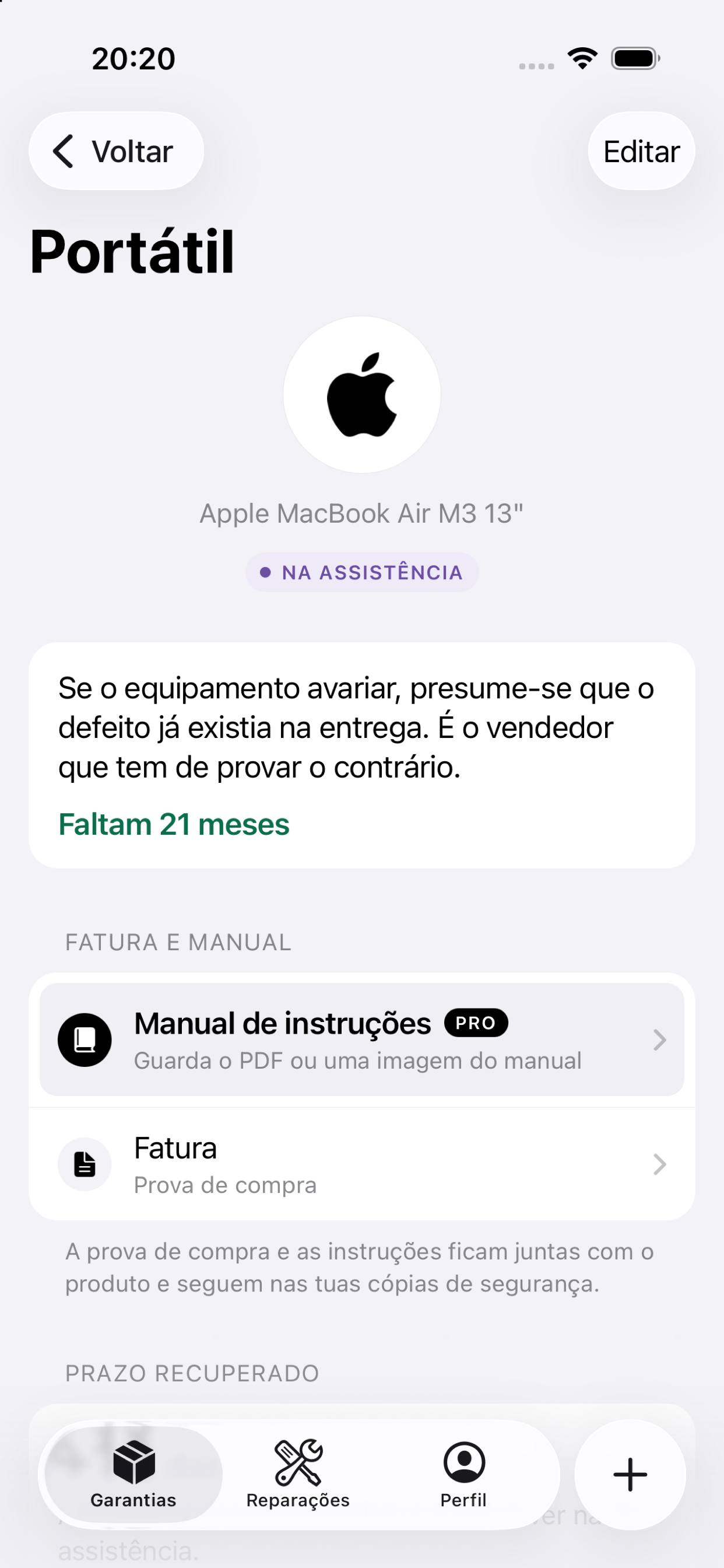 Fatura e manual guardados junto do produto