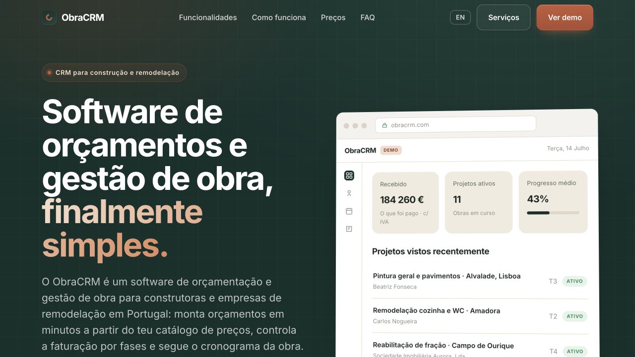 ObraCRM interface with project overview and construction progress